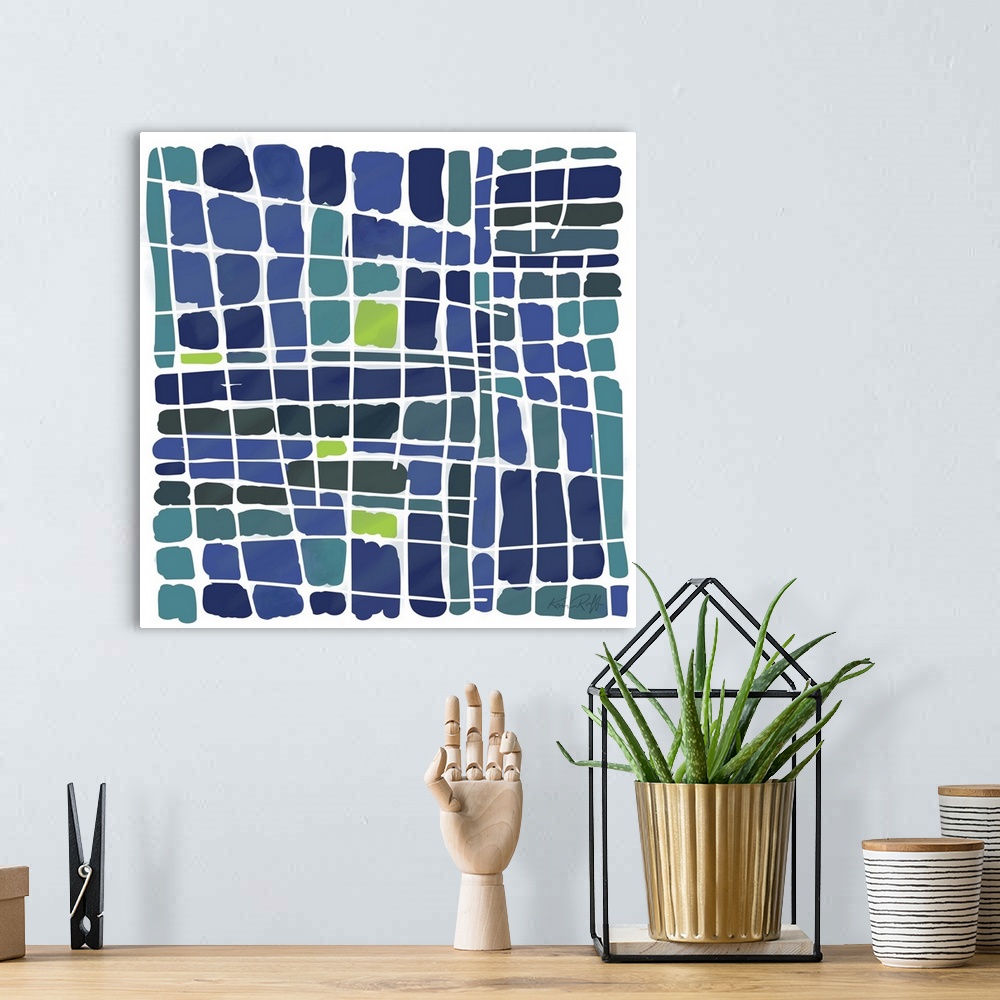 A bohemian room featuring Abstract watercolor art made of several blue and green squares.