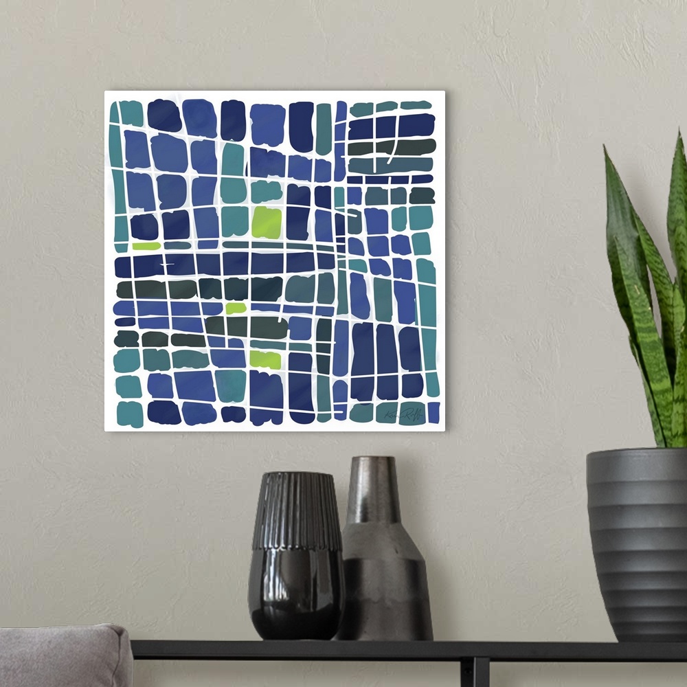 A modern room featuring Abstract watercolor art made of several blue and green squares.