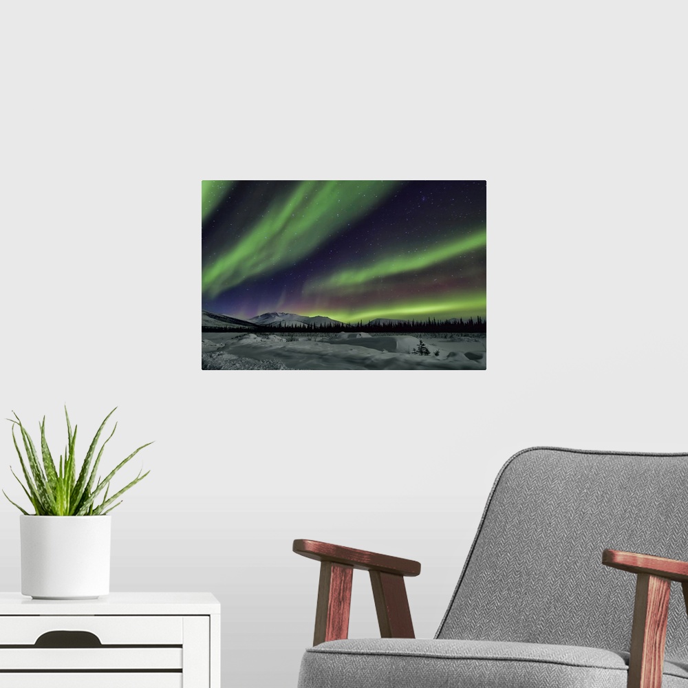 A modern room featuring Brooks Range Colorful Aurora Clouds