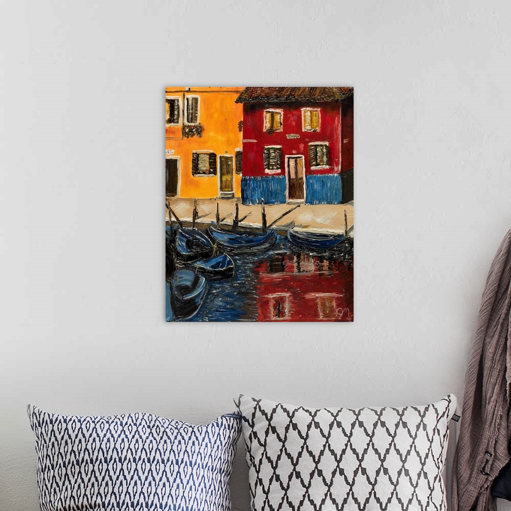 A bohemian room featuring Bold landscape painting of a harbor filled with blue boats and buildings reflecting into the wate...