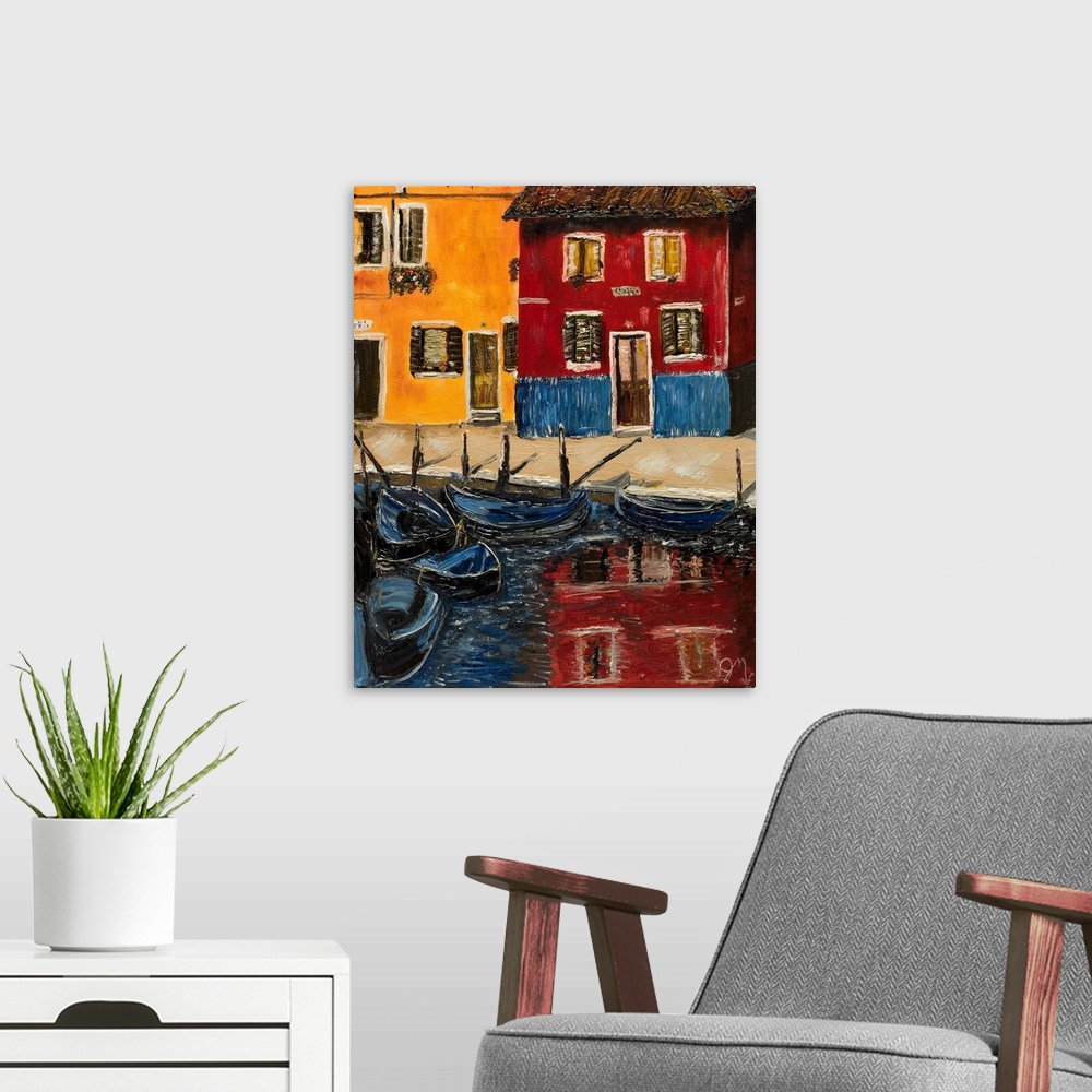 A modern room featuring Bold landscape painting of a harbor filled with blue boats and buildings reflecting into the wate...
