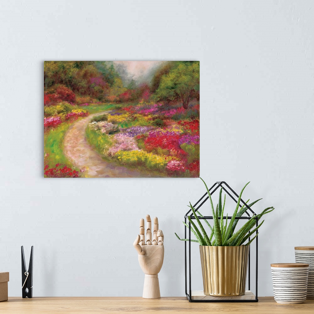 A bohemian room featuring Contemporary artwork of a path in a garden surrounded by flowers.