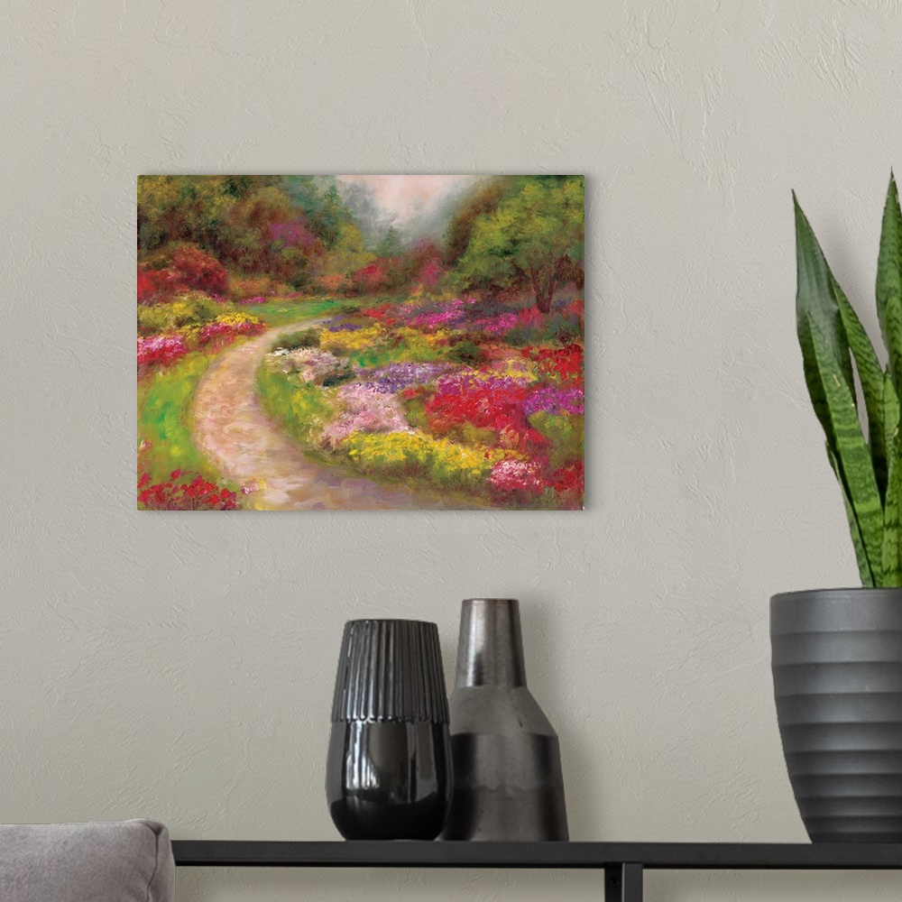 A modern room featuring Contemporary artwork of a path in a garden surrounded by flowers.