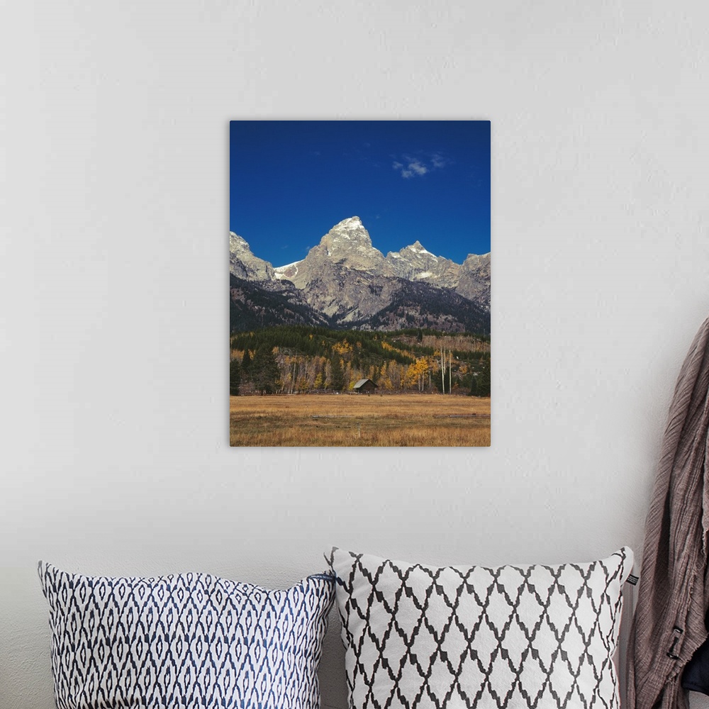 A bohemian room featuring Landscape photograph of the Grand Teton mountain range with a small log cabin in the foreground.