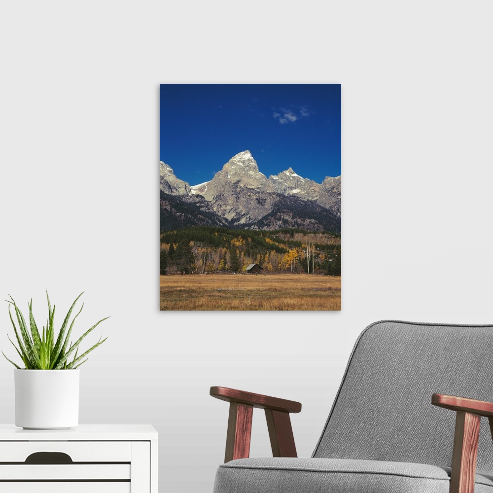 A modern room featuring Landscape photograph of the Grand Teton mountain range with a small log cabin in the foreground.