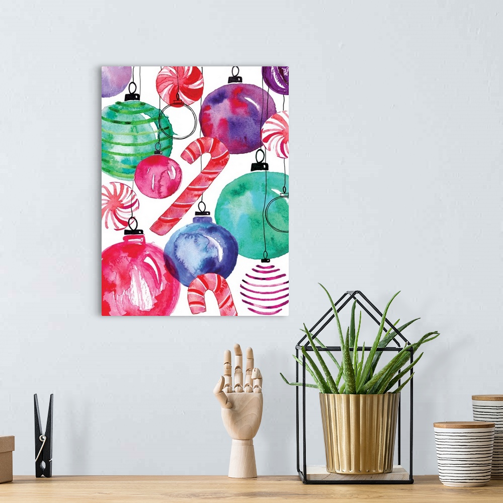 A bohemian room featuring Festive watercolor painting of Christmas ornaments and candy canes on a white background.