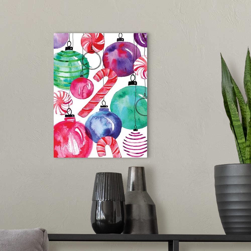 A modern room featuring Festive watercolor painting of Christmas ornaments and candy canes on a white background.