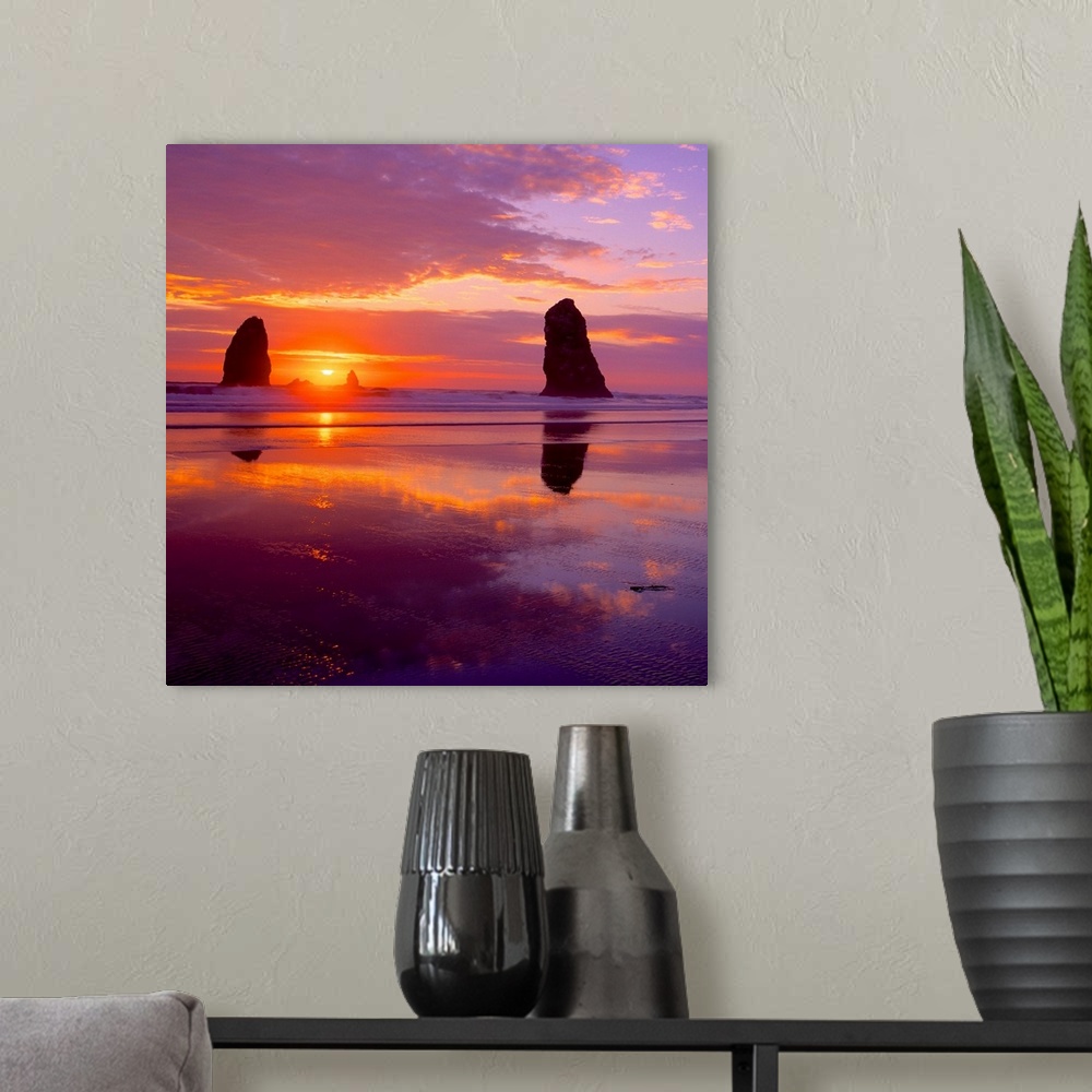 A modern room featuring Sunset over the sea stacks at Cannon Beach, Oregon.