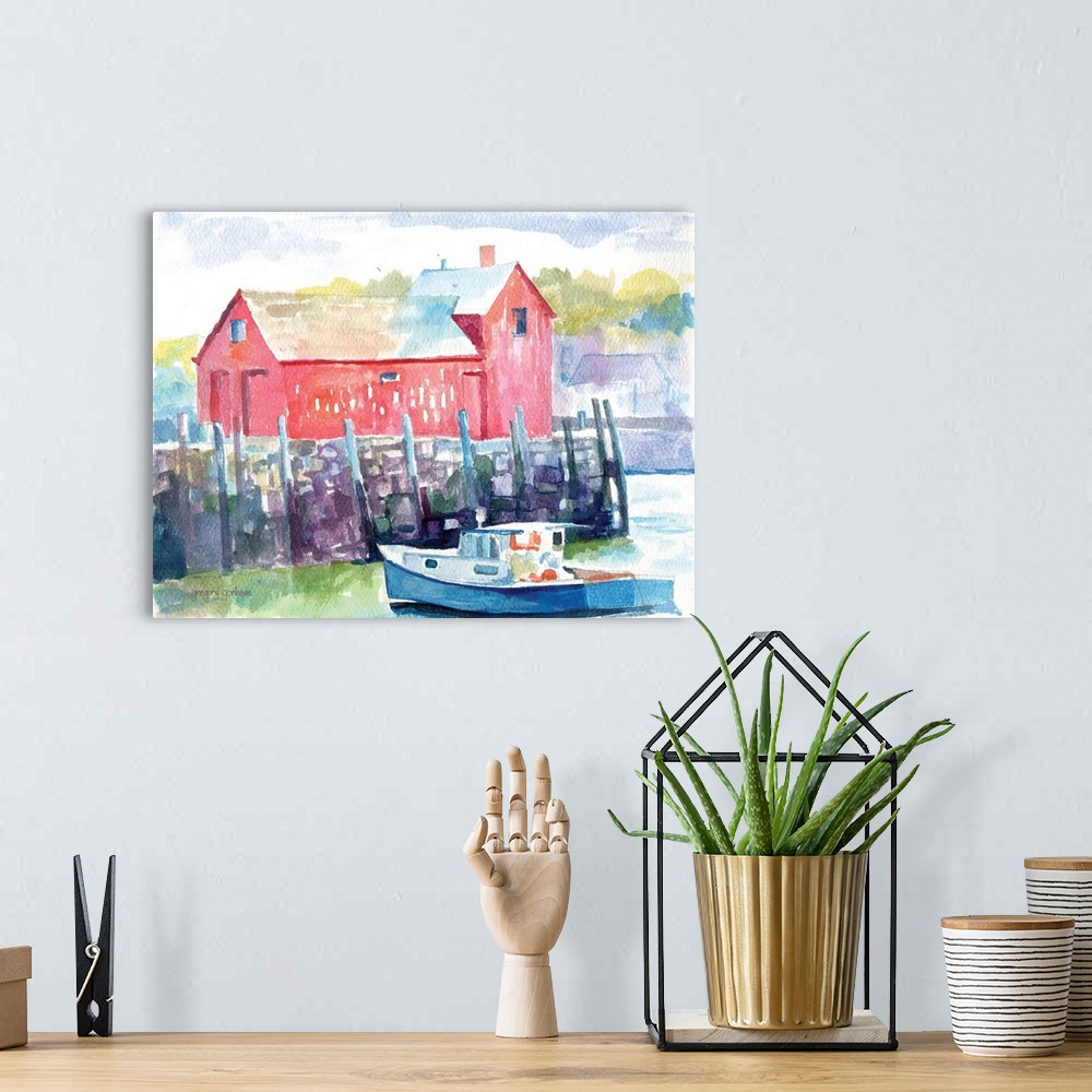 A bohemian room featuring Contemporary watercolor painting of a boat in a marina at Cape Ann.