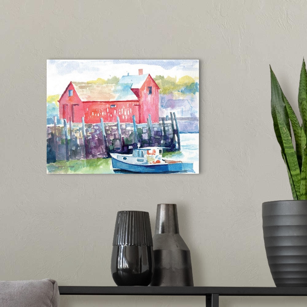 A modern room featuring Contemporary watercolor painting of a boat in a marina at Cape Ann.
