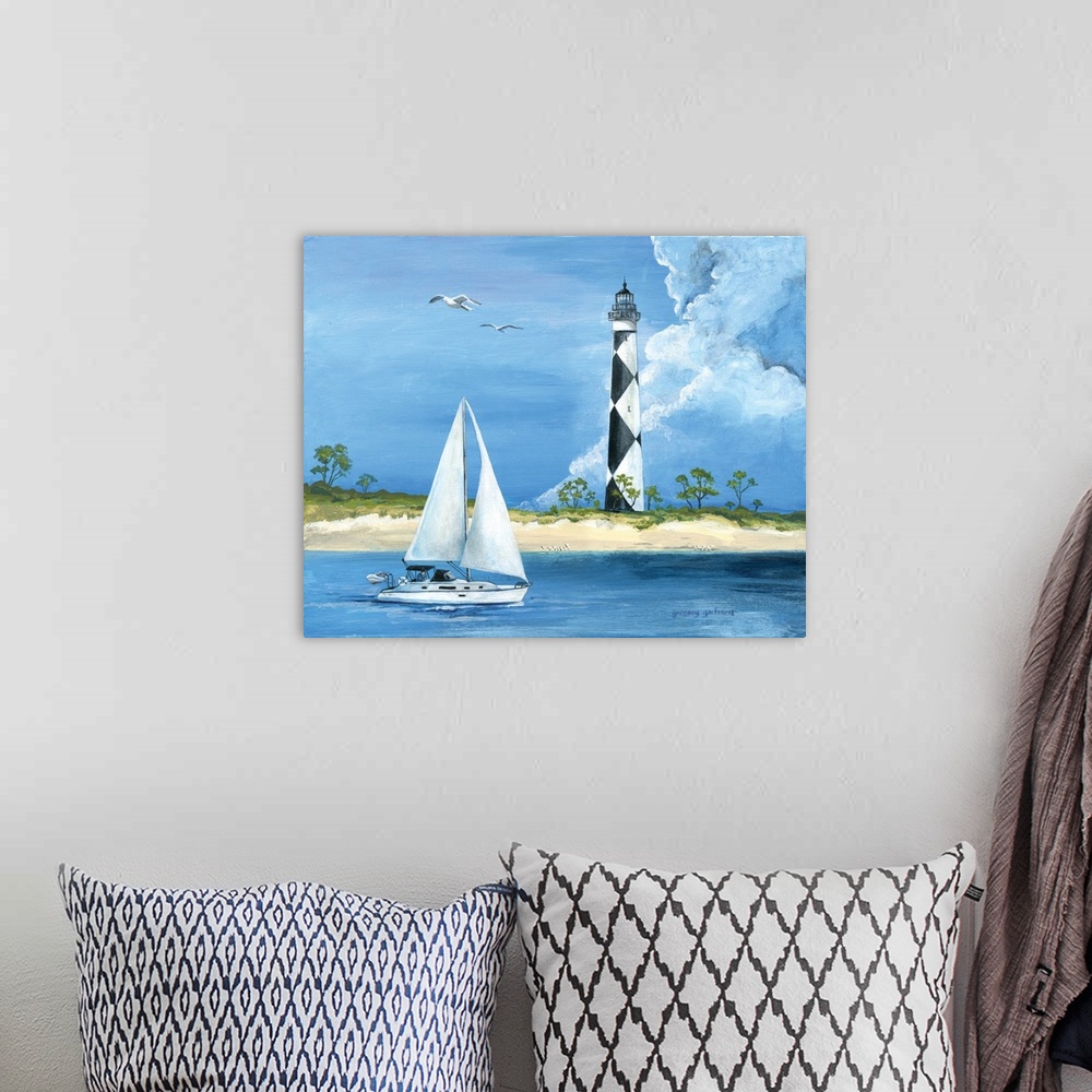 A bohemian room featuring Contemporary painting of a sailboat in front of Cape Lookout with two seagulls flying overhead.