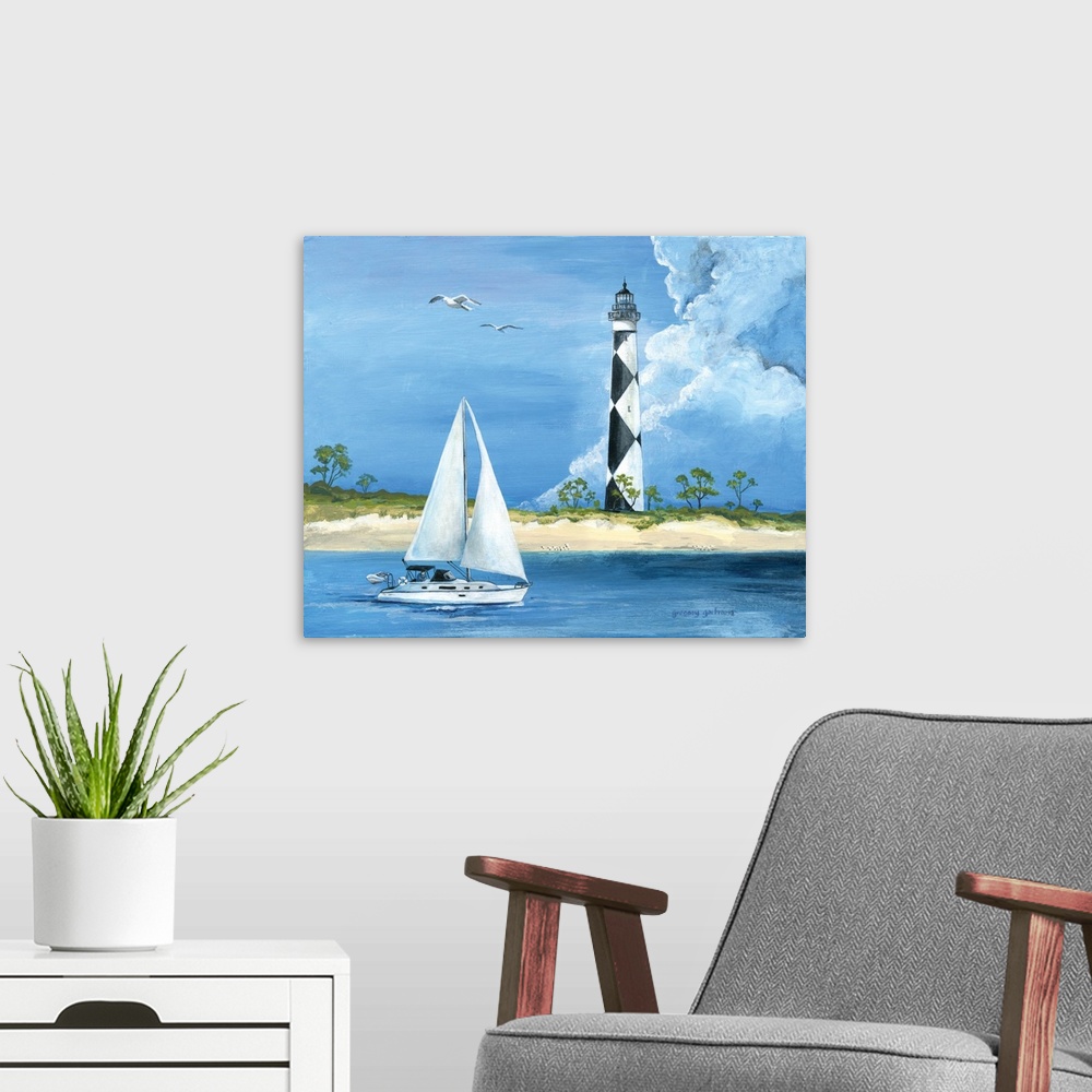 A modern room featuring Contemporary painting of a sailboat in front of Cape Lookout with two seagulls flying overhead.