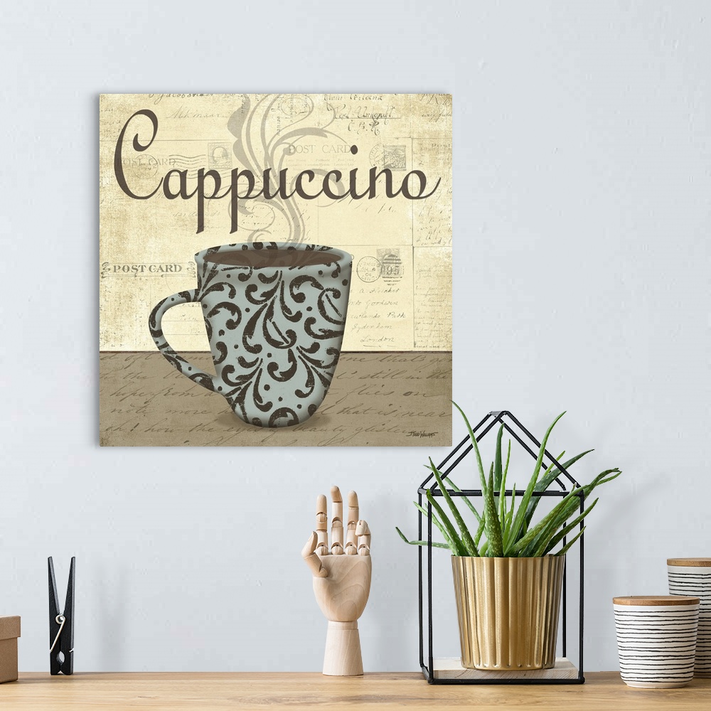 A bohemian room featuring Square cafe decor with an illustration of a decorative coffee cup in light blue and brown tones, ...
