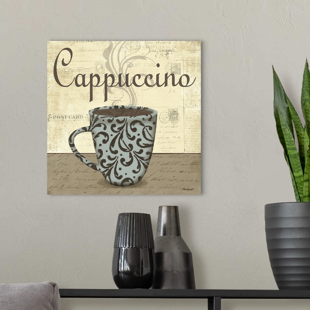 A modern room featuring Square cafe decor with an illustration of a decorative coffee cup in light blue and brown tones, ...