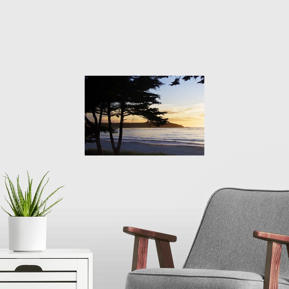 A modern room featuring silhouettes of trees in front of an ocean sunset in Carmel, California.
