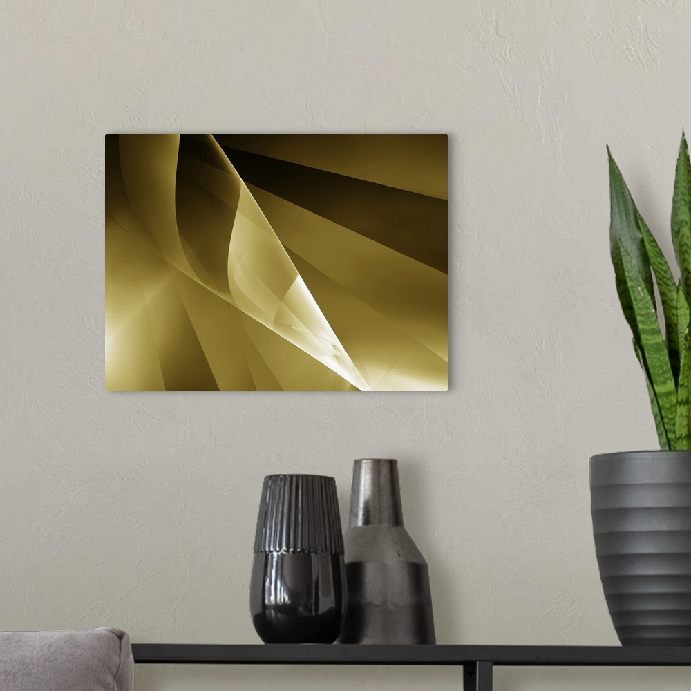 A modern room featuring Digital abstract waves in shades of gold and white.