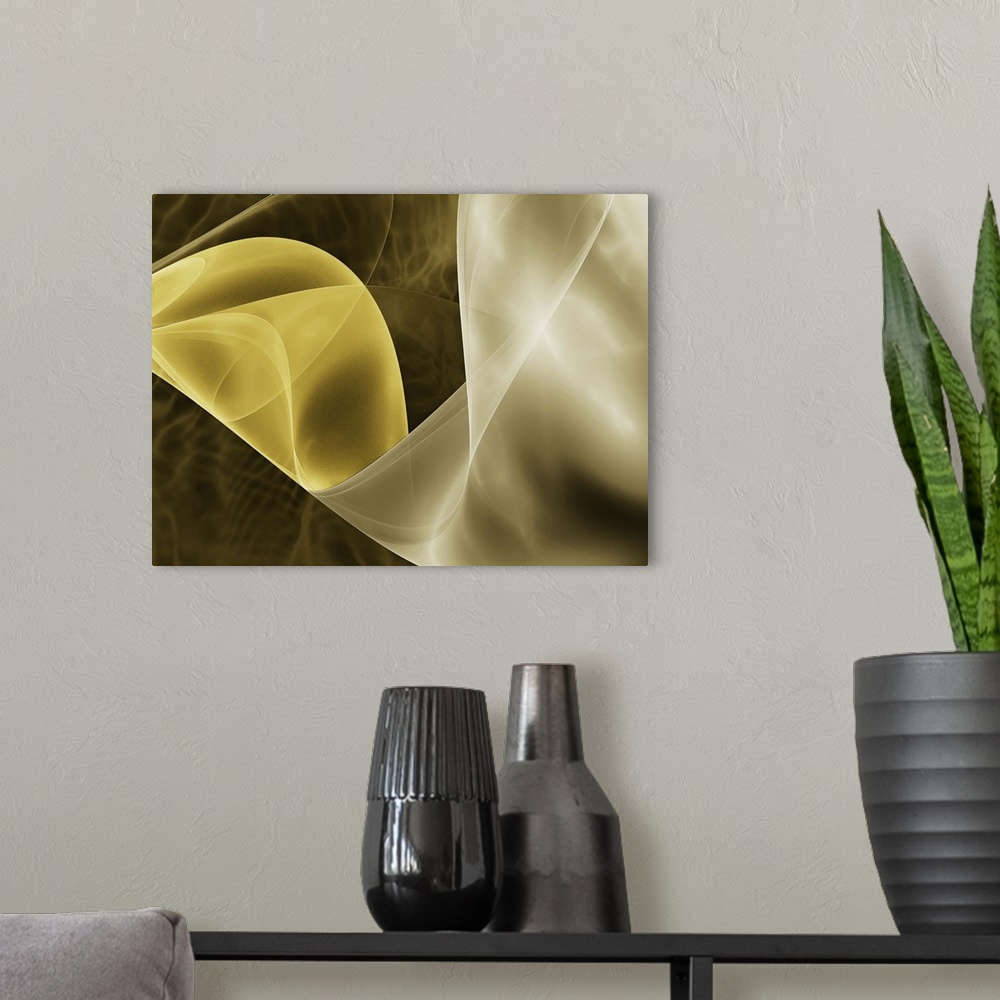 A modern room featuring Digital abstract image in shades of yellow and gray.