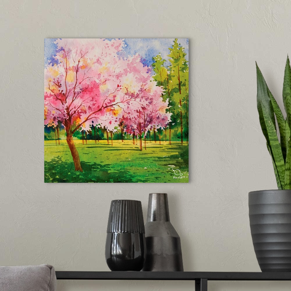 A modern room featuring Contemporary watercolor painting of a cherry tree in bloom in the spring.