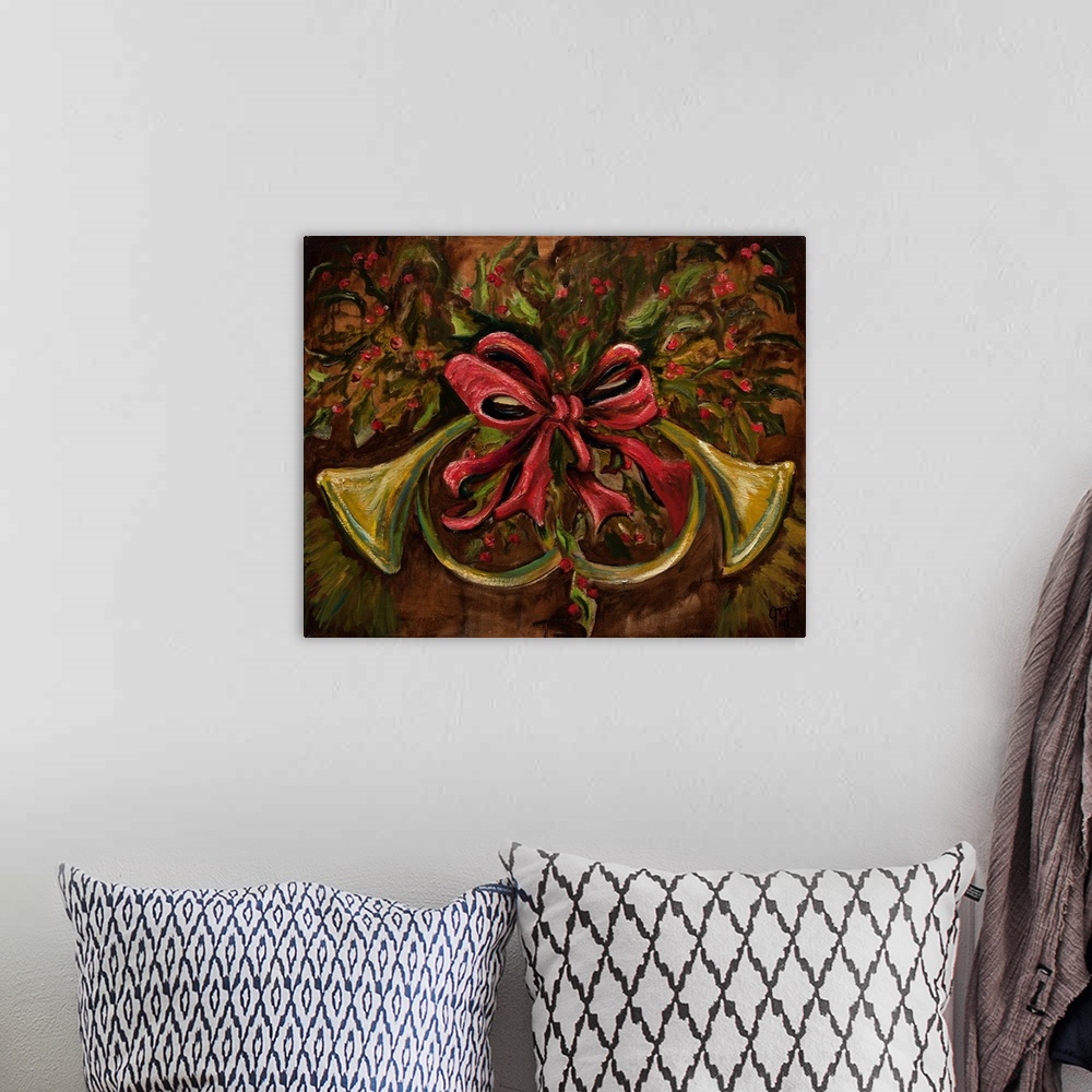 A bohemian room featuring Holiday painting of two horns hanging on the wall with a red ribbon tied in a bow in the middle a...