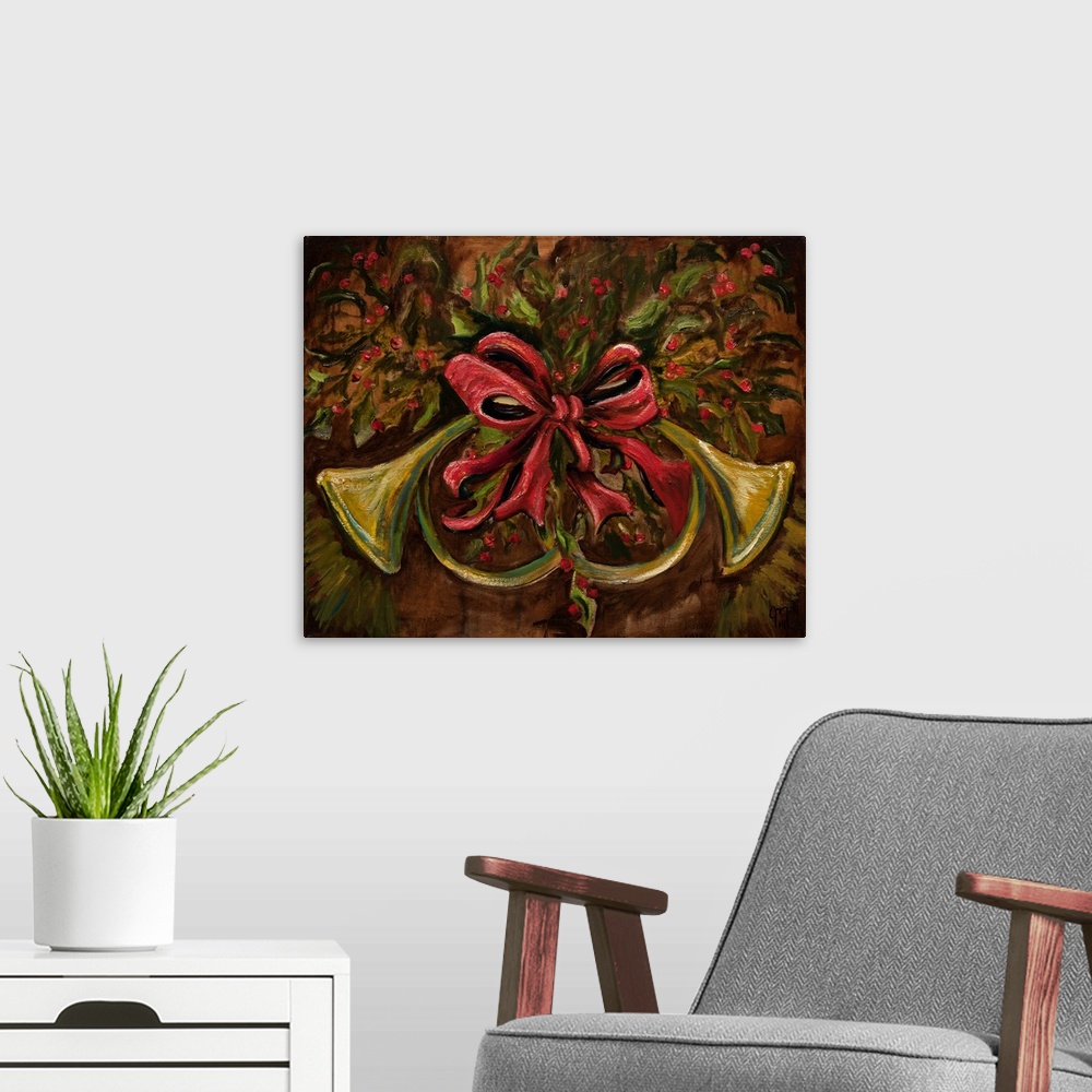 A modern room featuring Holiday painting of two horns hanging on the wall with a red ribbon tied in a bow in the middle a...