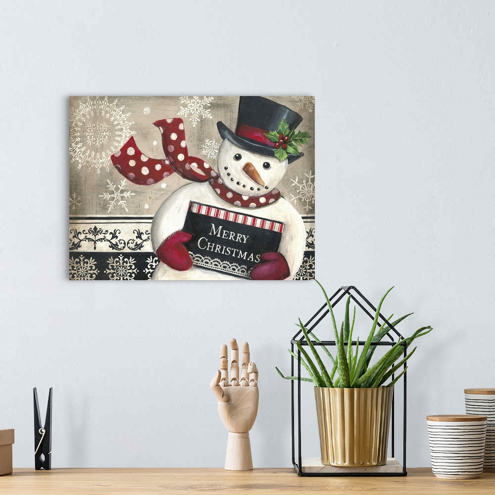 A bohemian room featuring Christmas decor with an illustration of a snowman holding a sign that says "Merry Christmas"