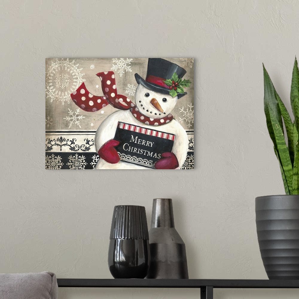 A modern room featuring Christmas decor with an illustration of a snowman holding a sign that says "Merry Christmas"