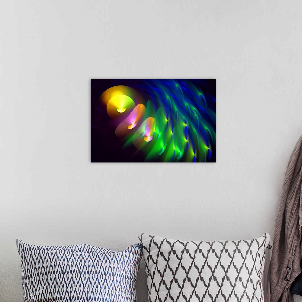A bohemian room featuring Digital abstract of round waves in rainbow colors on a dark background.
