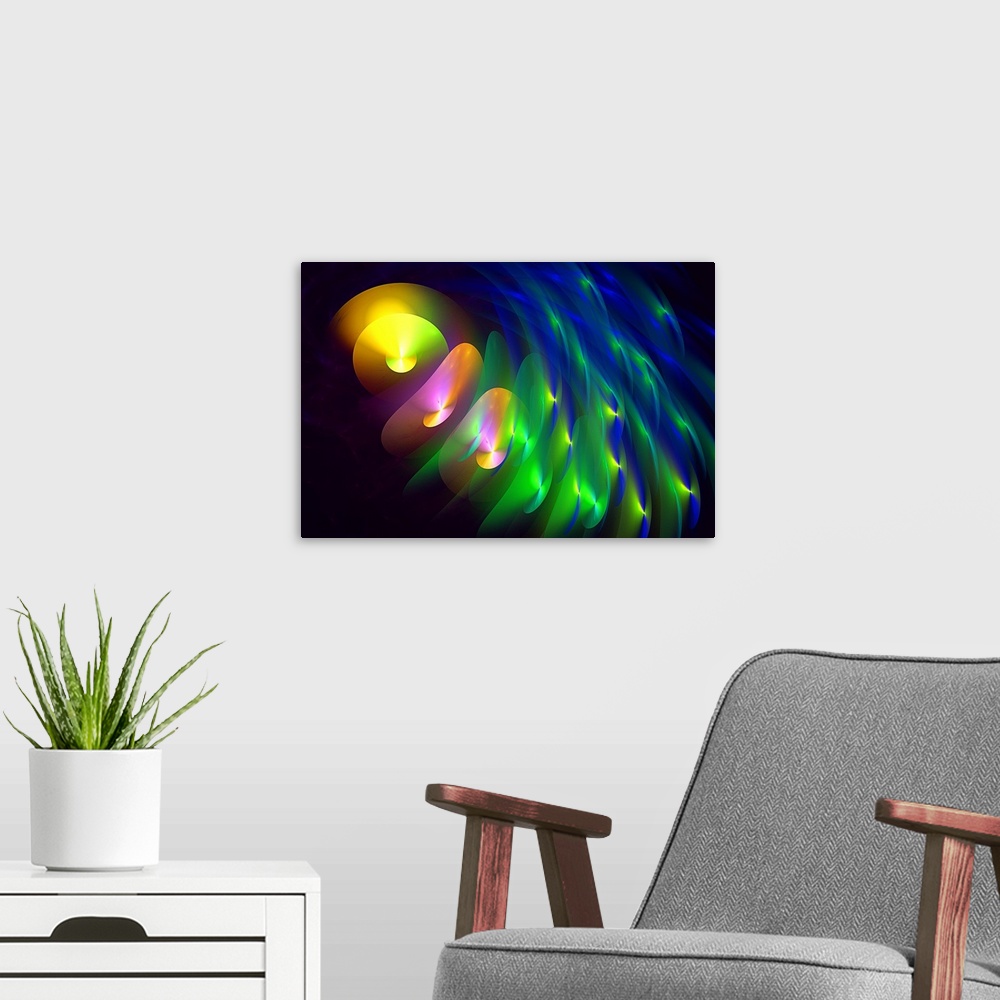 A modern room featuring Digital abstract of round waves in rainbow colors on a dark background.