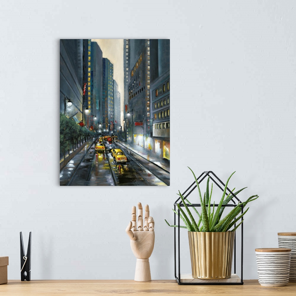 A bohemian room featuring Contemporary cityscape painting of a downtown city street lined with skyscrapers and filled with ...