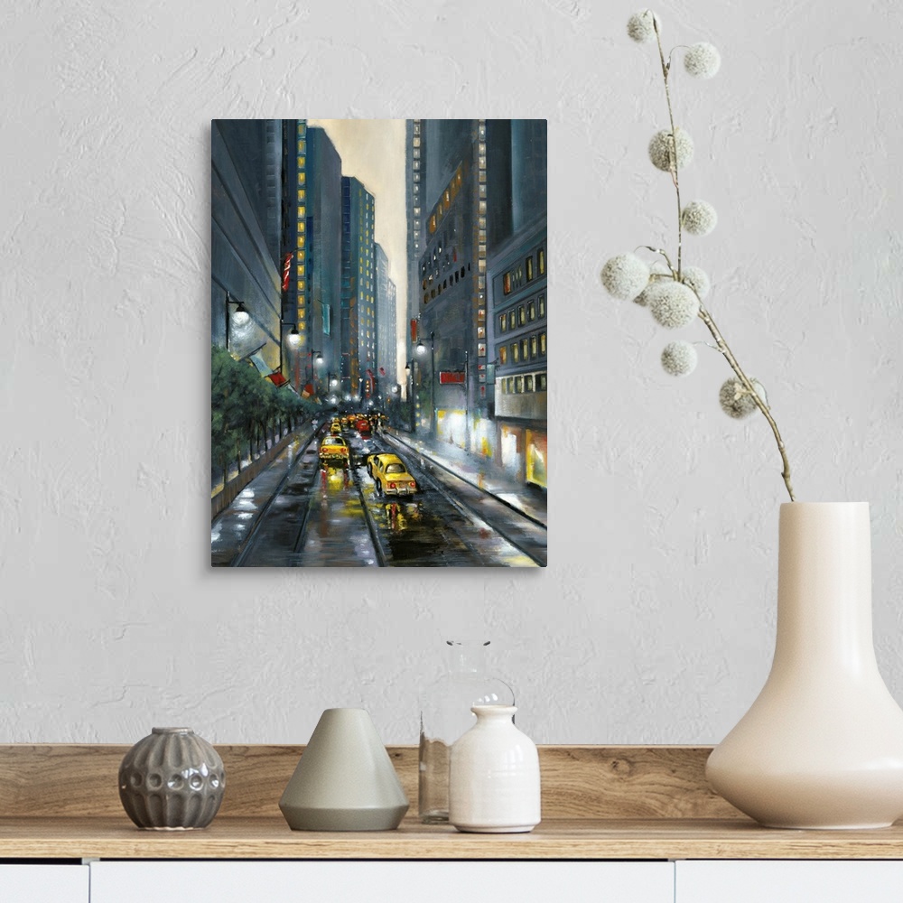 A farmhouse room featuring Contemporary cityscape painting of a downtown city street lined with skyscrapers and filled with ...
