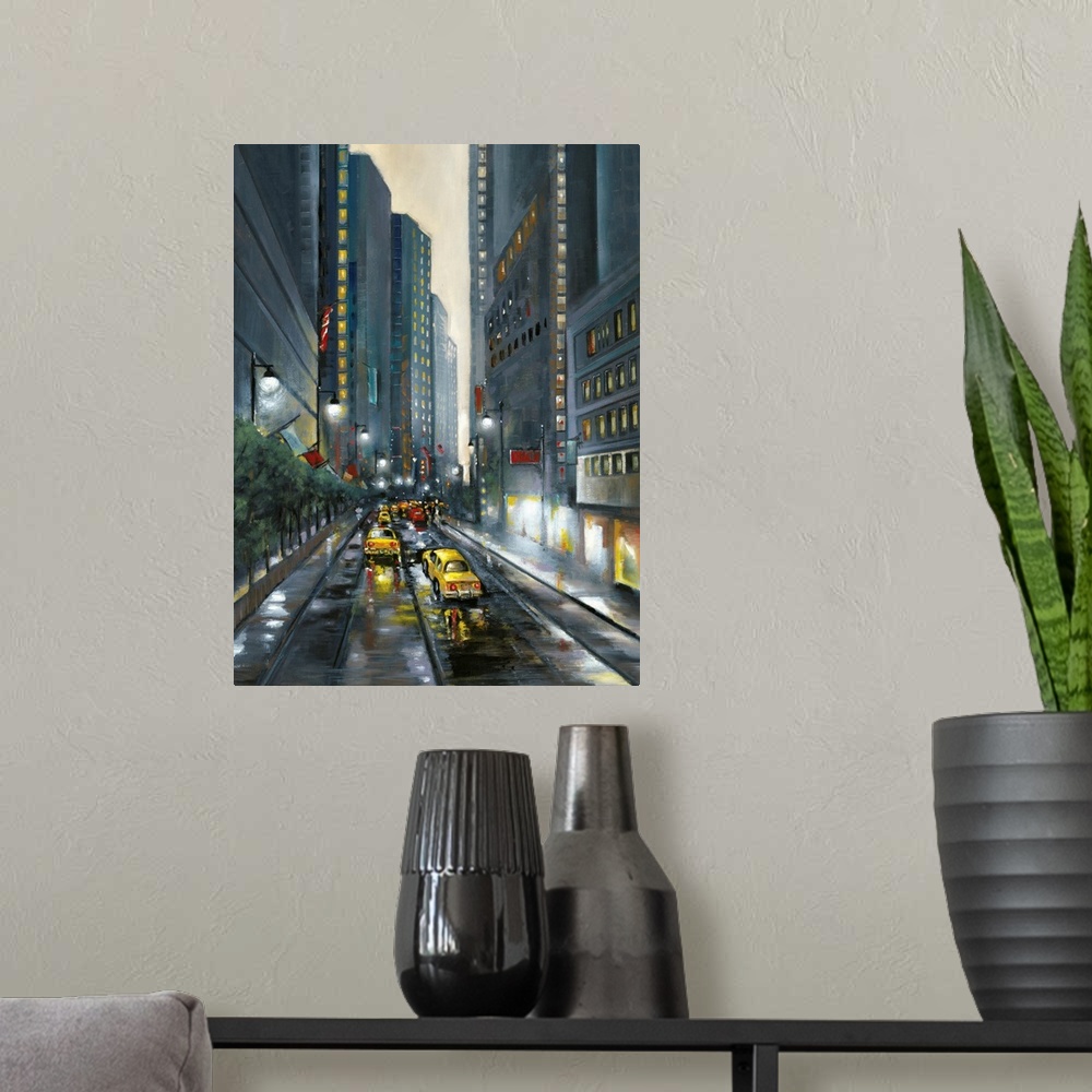 A modern room featuring Contemporary cityscape painting of a downtown city street lined with skyscrapers and filled with ...