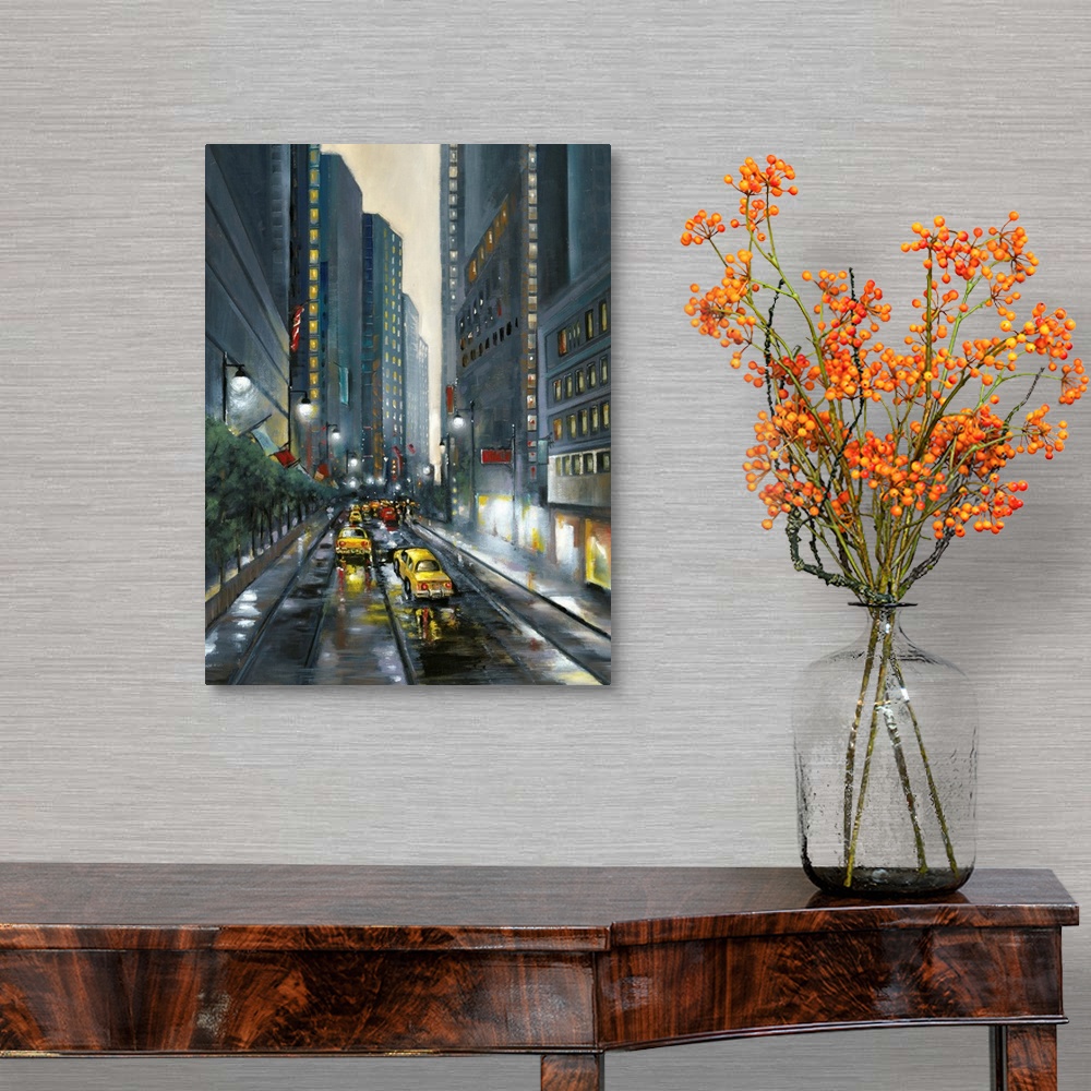 A traditional room featuring Contemporary cityscape painting of a downtown city street lined with skyscrapers and filled with ...