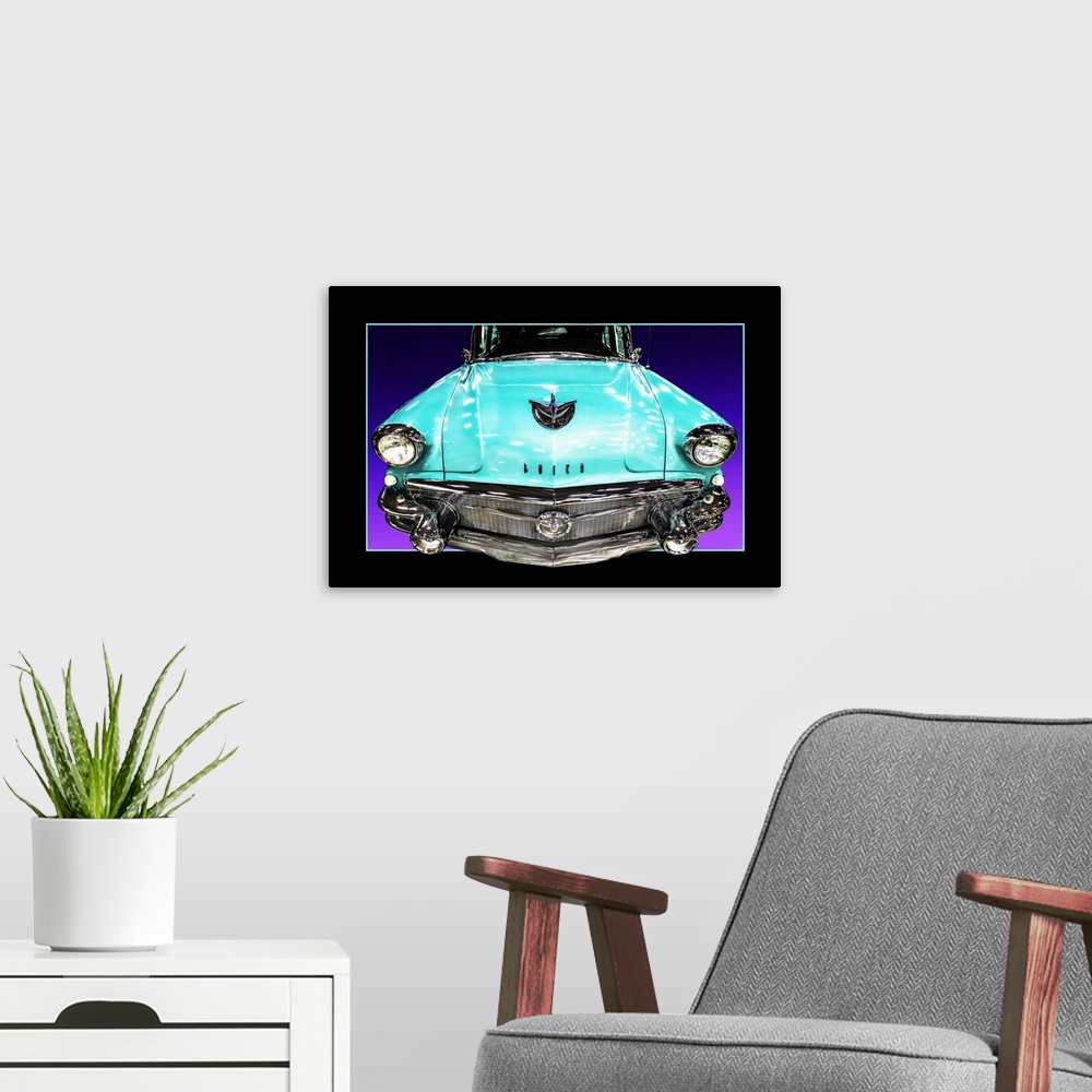 A modern room featuring The headlights and grill of a teal blue muscle car with a faux black border.