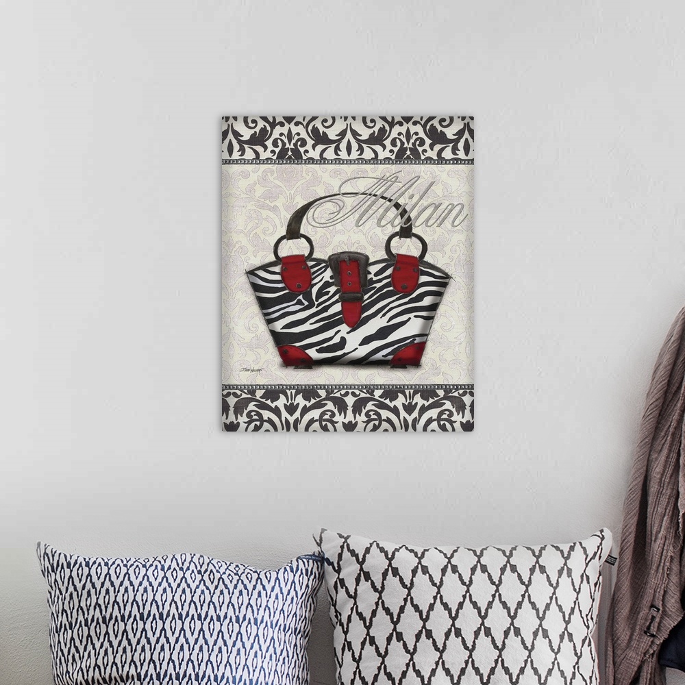 A bohemian room featuring Black, white, and red decor with an illustration of a zebra print purse and "Milan" written on to...