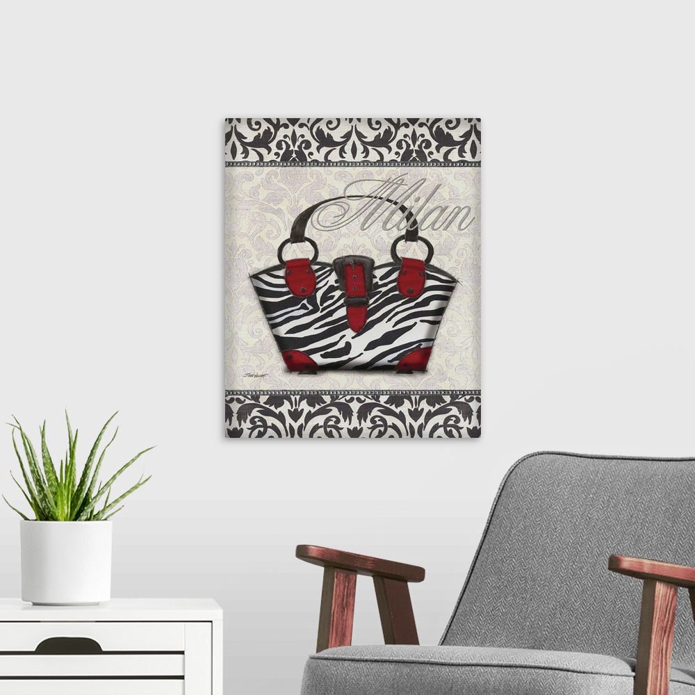 A modern room featuring Black, white, and red decor with an illustration of a zebra print purse and "Milan" written on to...