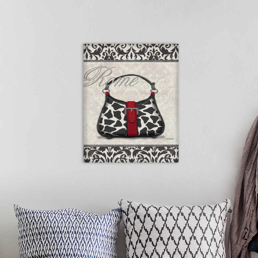 A bohemian room featuring Black, white, and red decor with an illustration of a giraffe print purse and "Rome" written on t...