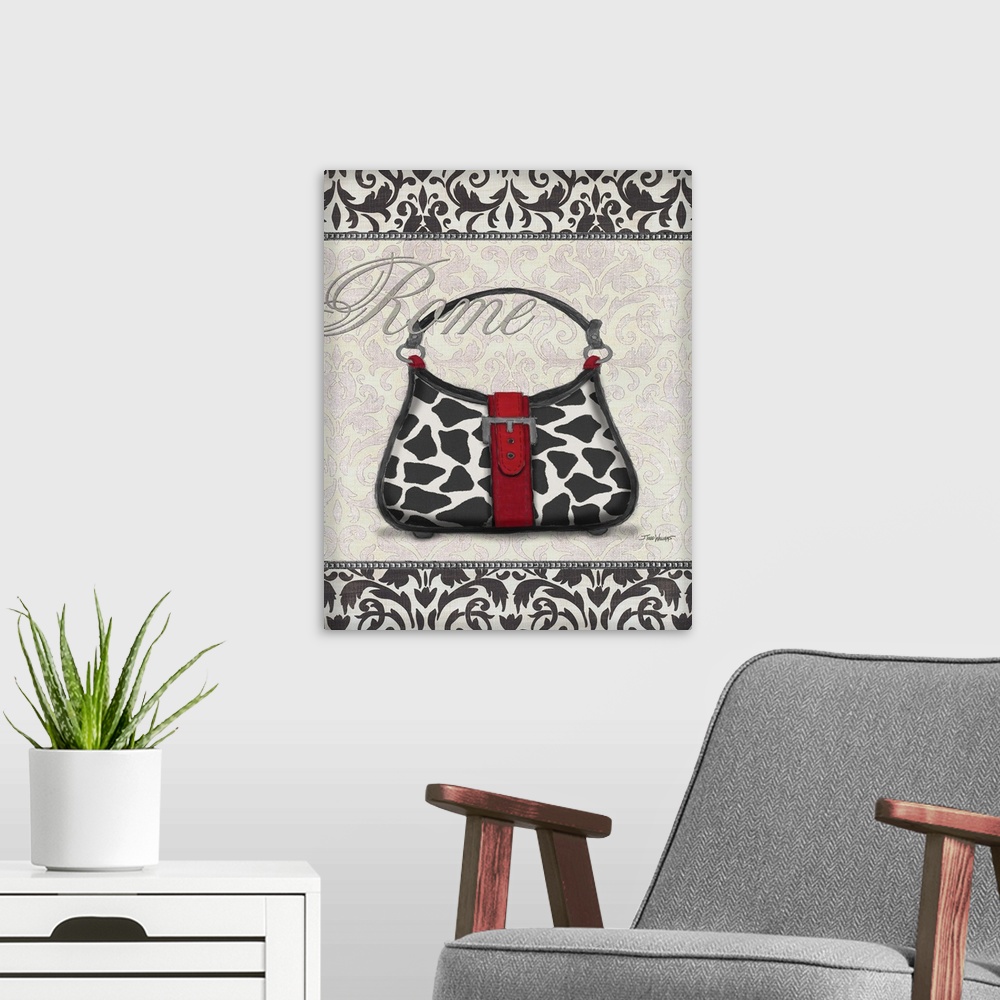 A modern room featuring Black, white, and red decor with an illustration of a giraffe print purse and "Rome" written on t...