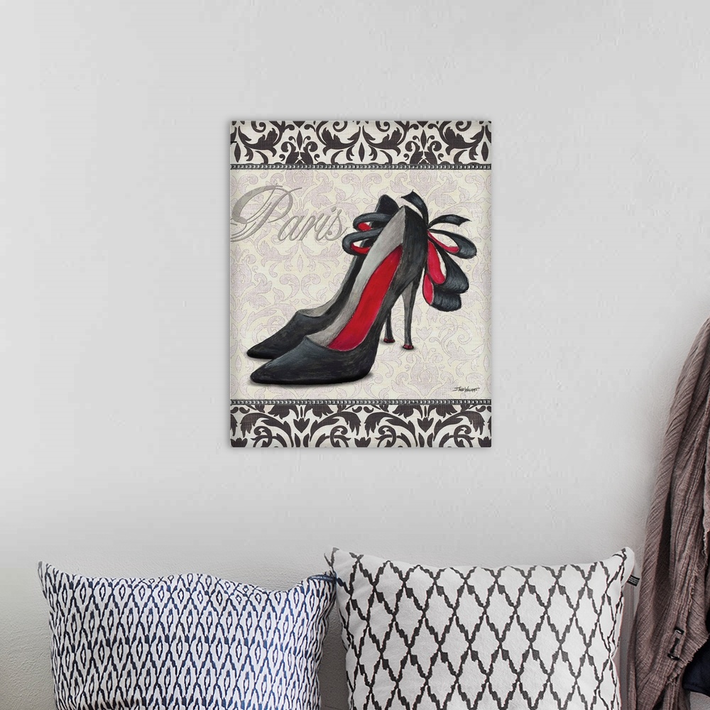 A bohemian room featuring Black, white, and red decor with an illustration of  a pair of high heel shoes with "Paris" writt...
