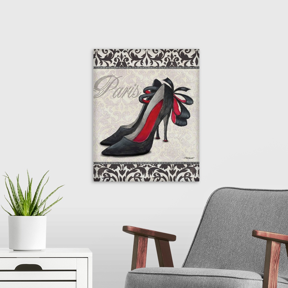 A modern room featuring Black, white, and red decor with an illustration of  a pair of high heel shoes with "Paris" writt...