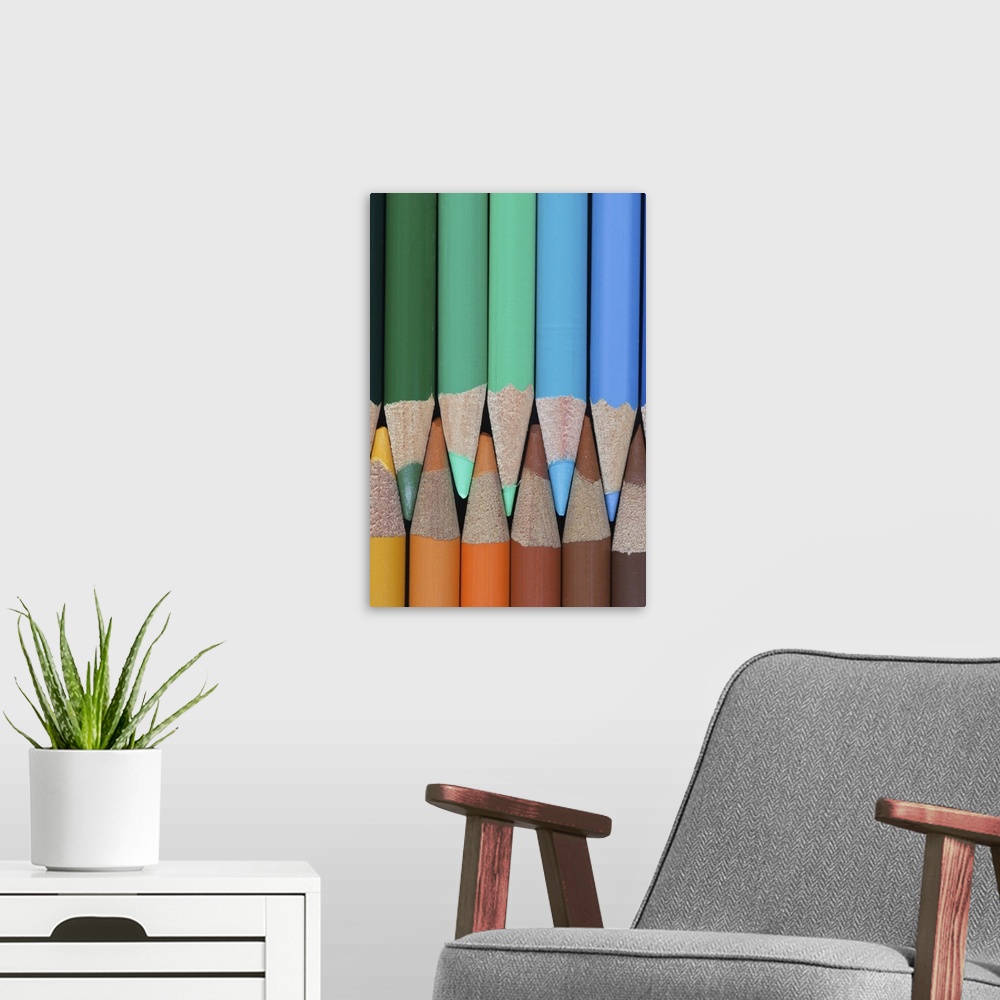 A modern room featuring Colored Pencils - earth tones - blues, greens; browns