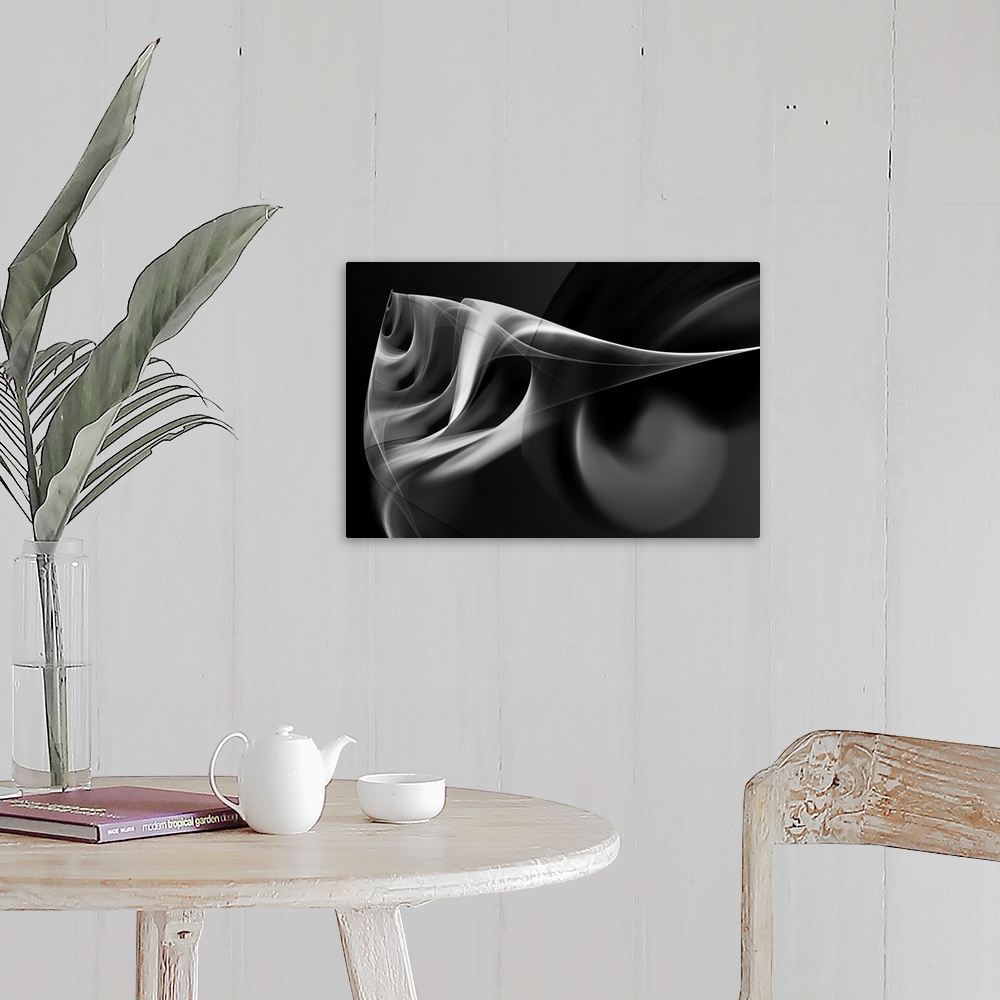 A farmhouse room featuring Digital abstract artwork in shades of black and white, resembling smoke.