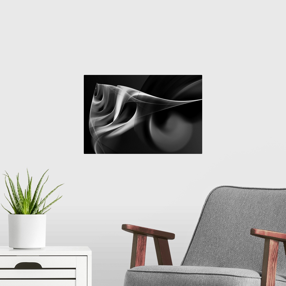 A modern room featuring Digital abstract artwork in shades of black and white, resembling smoke.