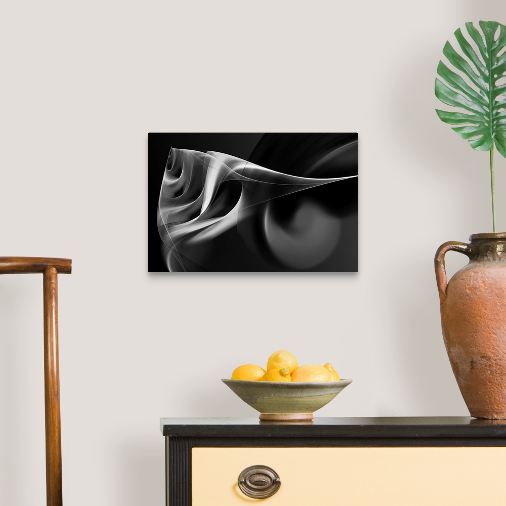 A traditional room featuring Digital abstract artwork in shades of black and white, resembling smoke.