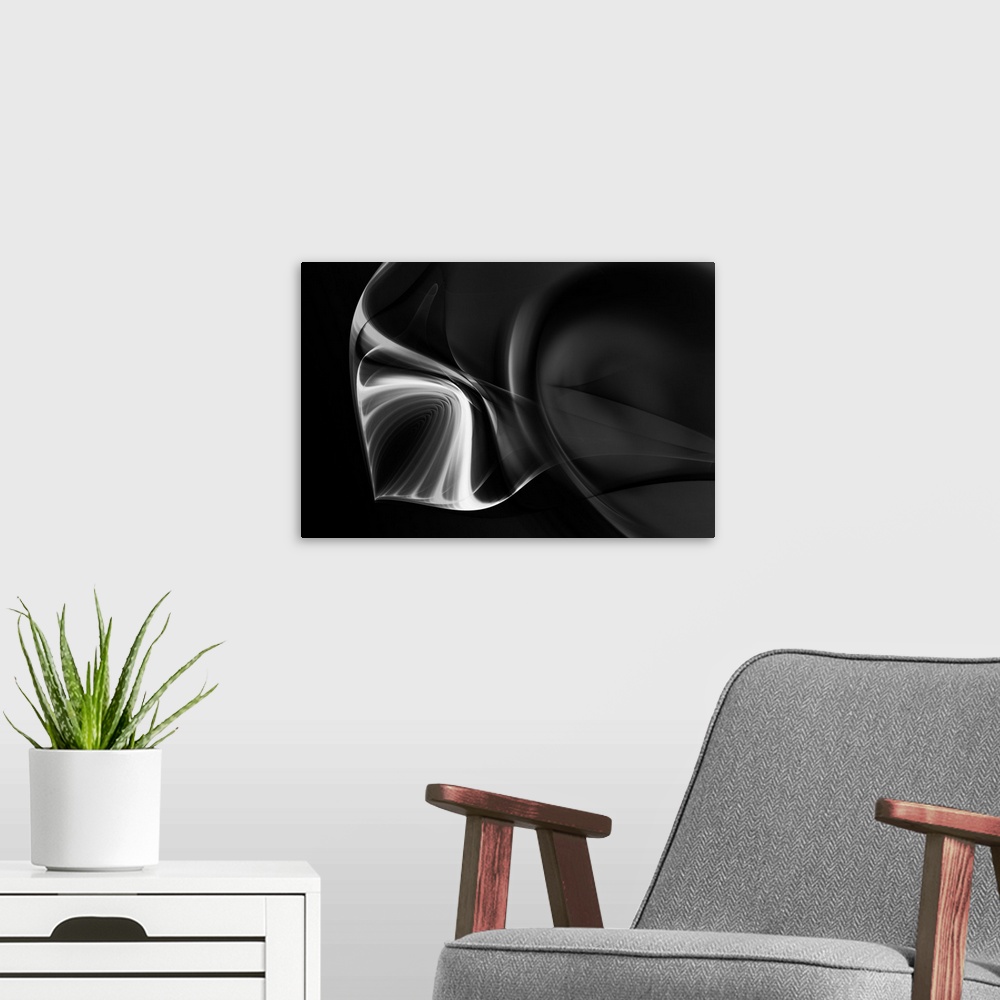 A modern room featuring Digital abstract artwork in shades of black and white, resembling smoke.