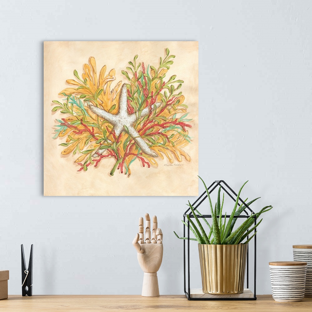 A bohemian room featuring Square painting of a starfish surrounded by coral with yellow, blue, green, cream, and coral pink...