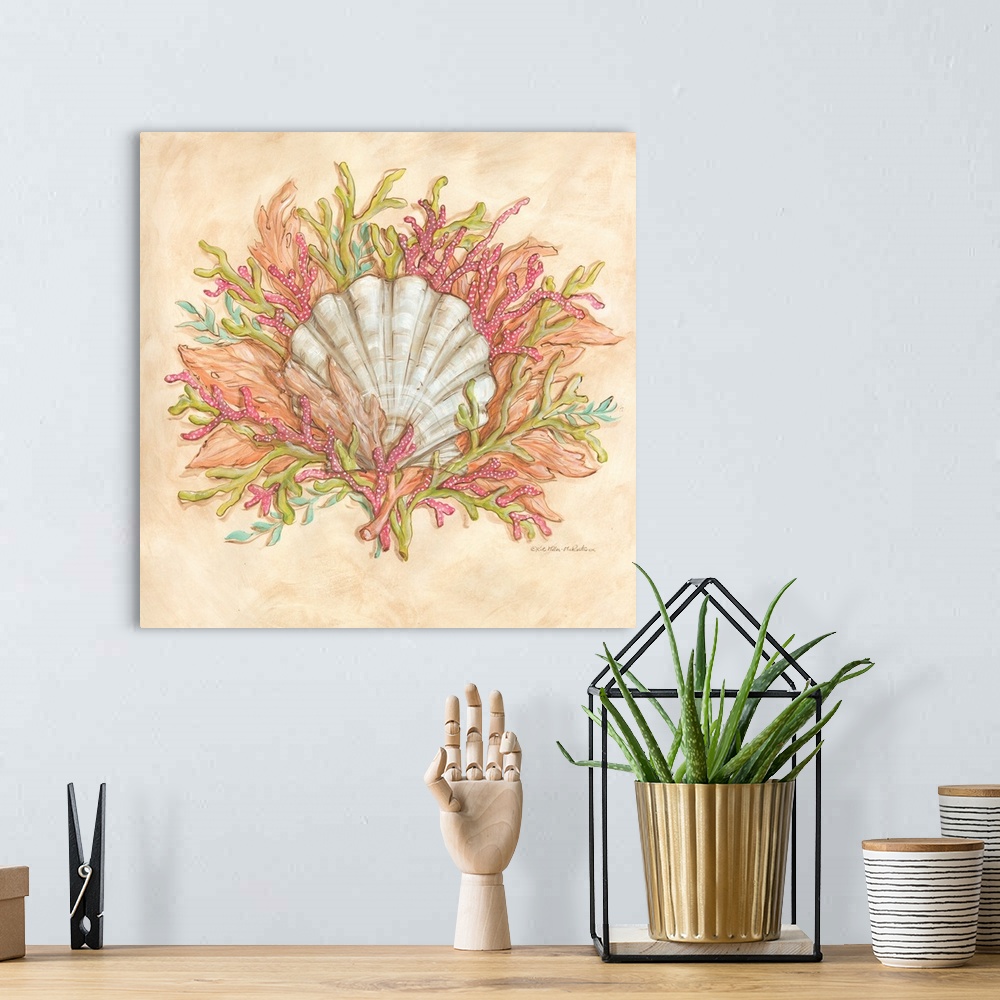 A bohemian room featuring Square painting of a seashell surrounded by coral with orange, green, blue, cream, and coral pink...