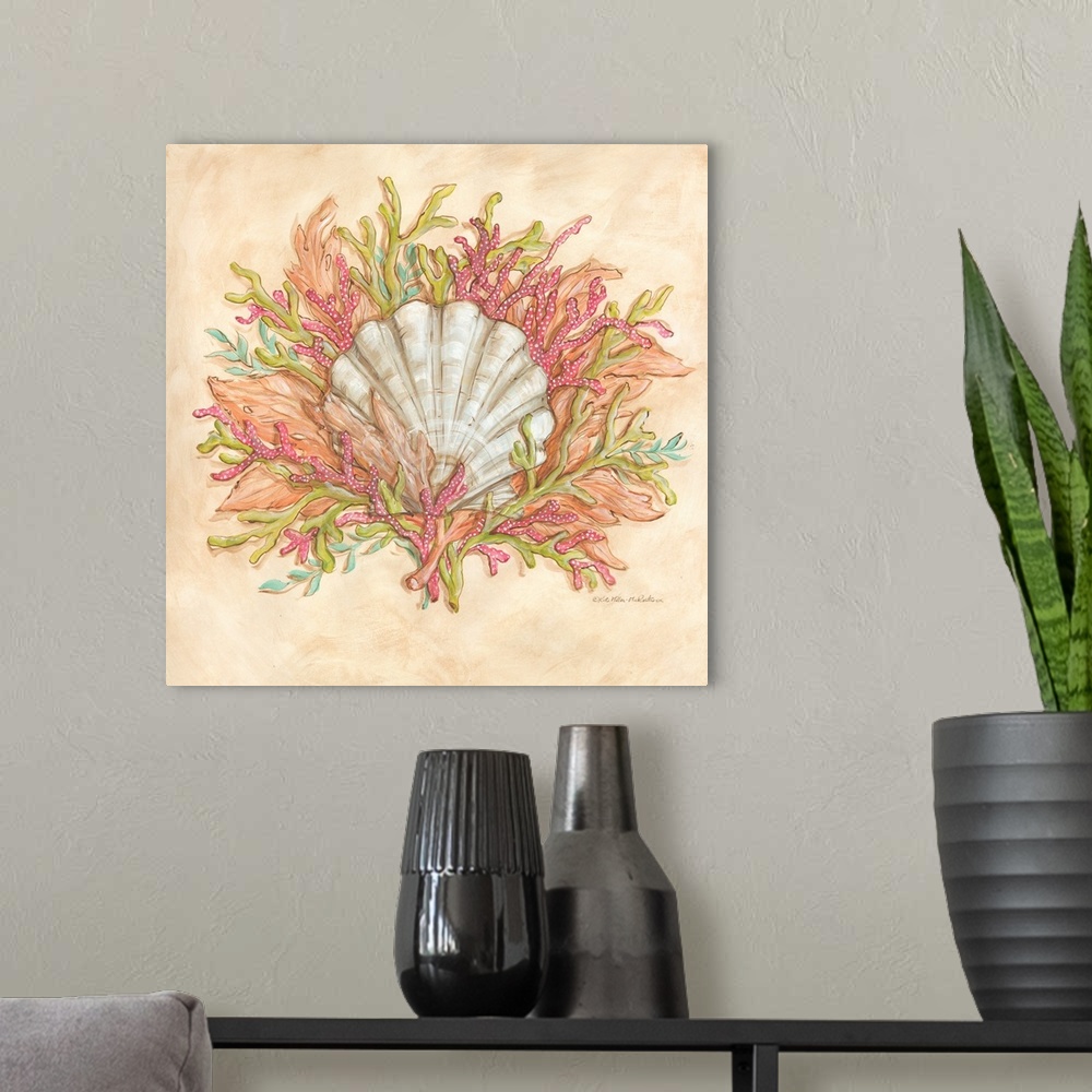 A modern room featuring Square painting of a seashell surrounded by coral with orange, green, blue, cream, and coral pink...
