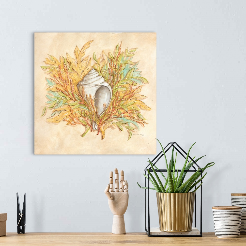 A bohemian room featuring Square painting of a conch shell surrounded by coral with yellow, blue, green, cream, and coral p...
