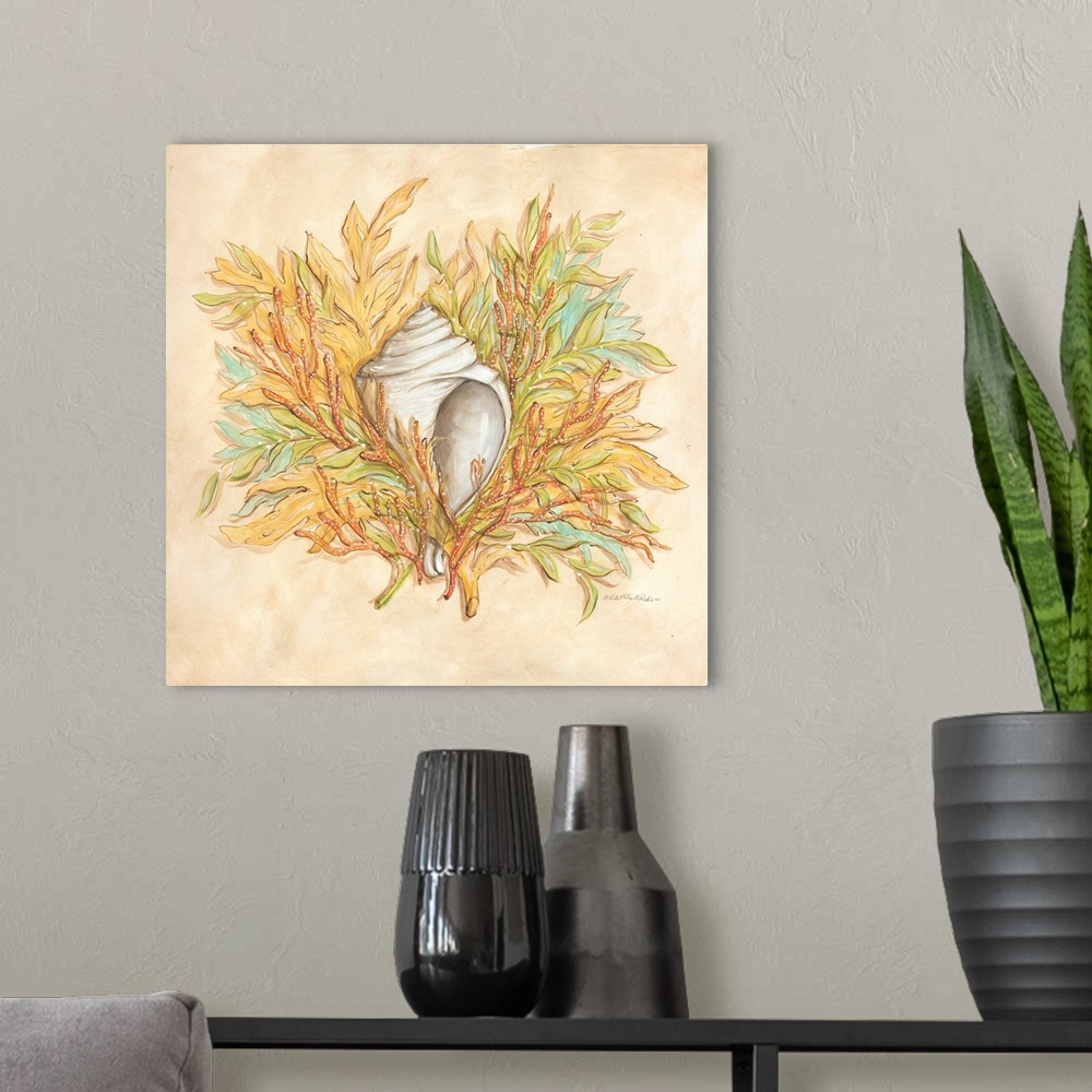 A modern room featuring Square painting of a conch shell surrounded by coral with yellow, blue, green, cream, and coral p...