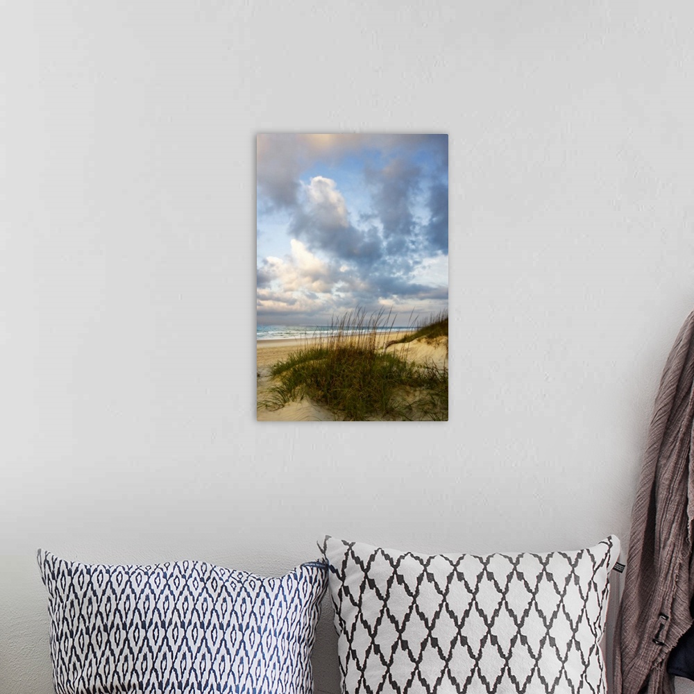 A bohemian room featuring Vertical photograph of grassy dunes in front of the beach, beneath a sky of billowing clouds as t...